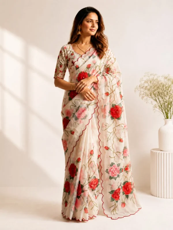 Floral Printed Tebby Silk Saree with Katdana Handwork