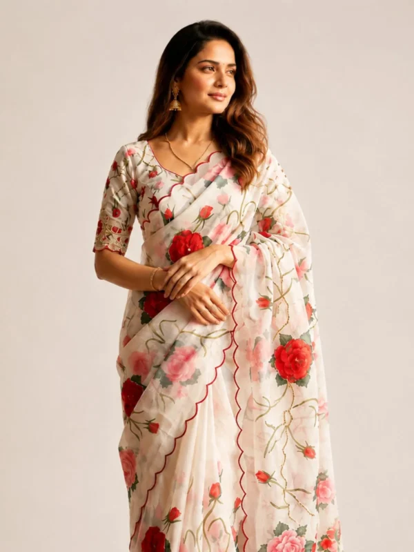 Floral Printed Tebby Silk Saree with Katdana Handwork