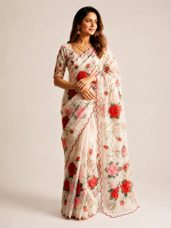 Floral Printed Tebby Silk Saree with Katdana Handwork